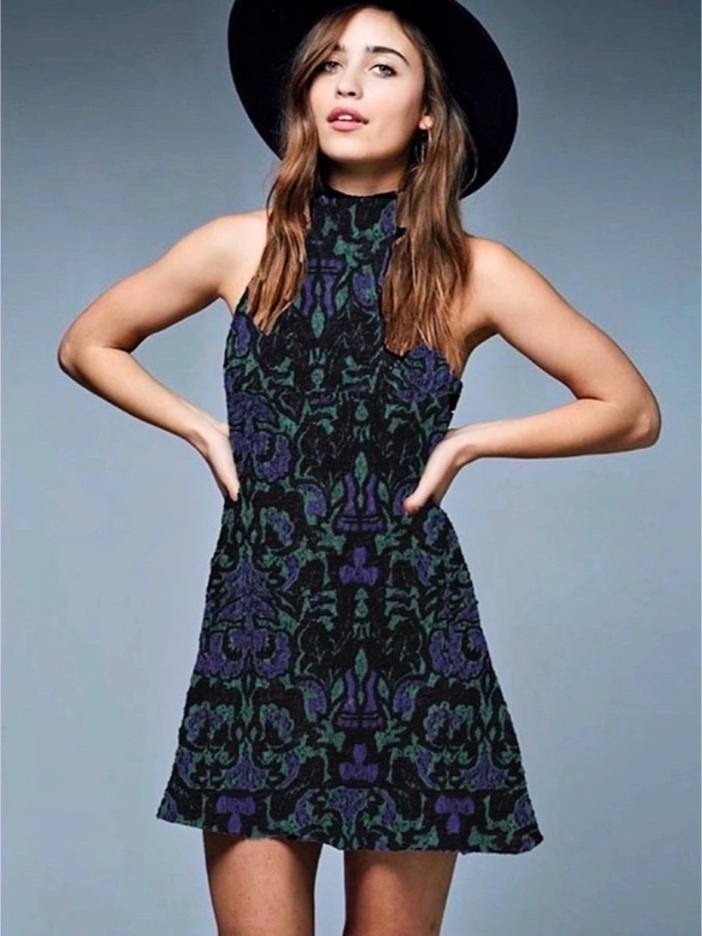 Free People Amelia Dress Medium Blue Green Black Damask Jacquard pattern